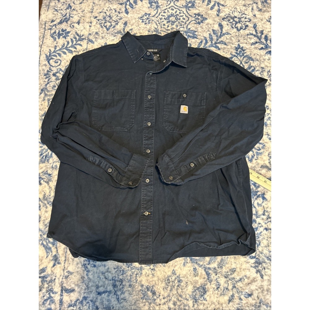Carhartt Rugged Flex Relaxed Fit Navy Button Shirt Short Sleeve Men XXL Workwear